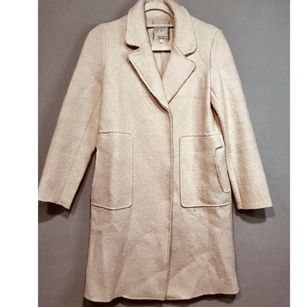 TRAFALUC ZARA Coat Womens Size Small Beige Double Breasted Boucle Pockets Winter